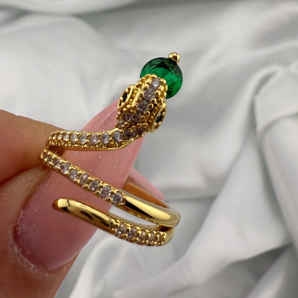 Gold Snake Ring with Green Stone and Pavé Crystals - Picture 4 of 11